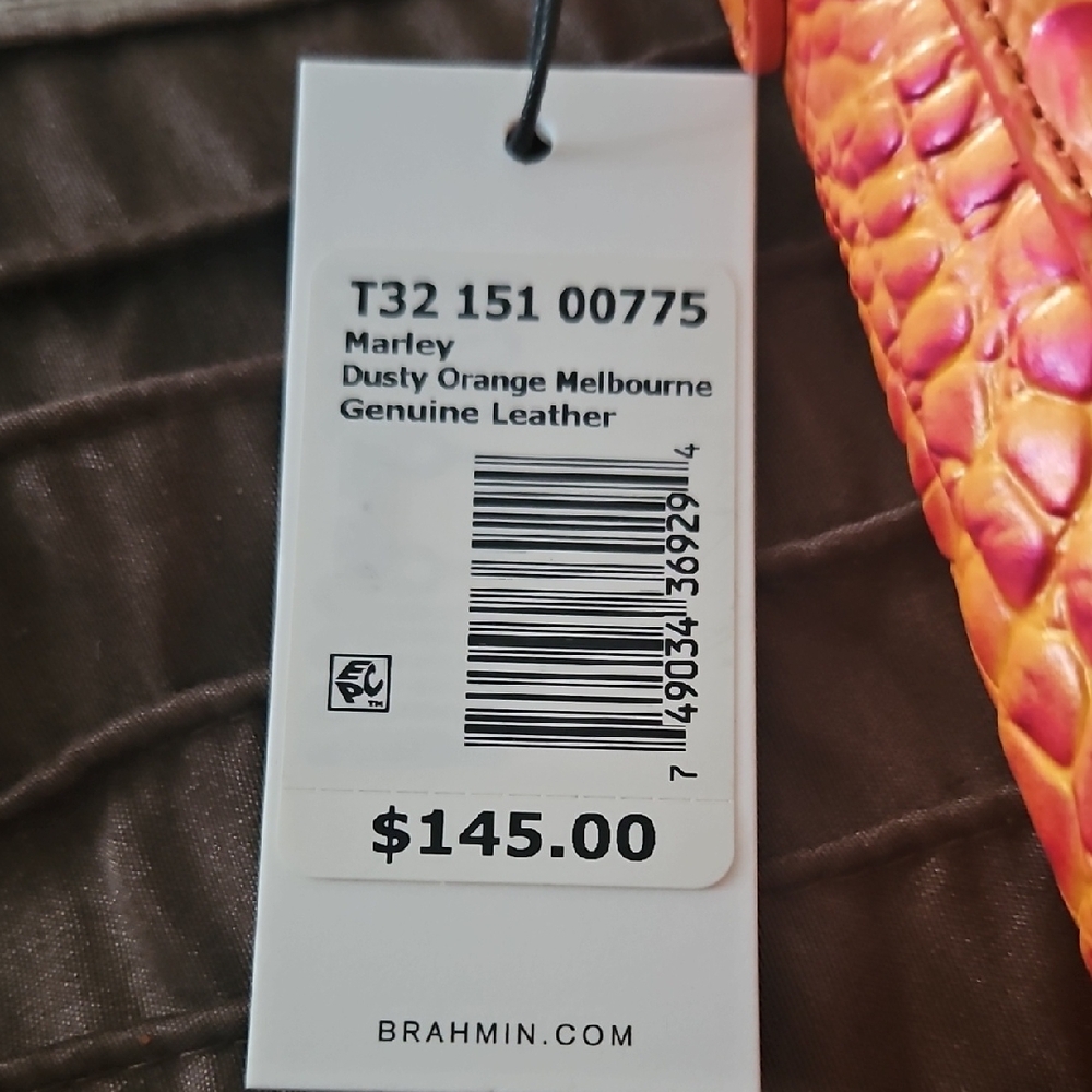 Brahmin Marley Dusty Melbourne Leather Orange-Pink Croc-Embossed Crossbody - Picture 6 of 6